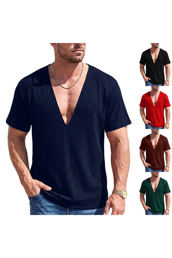 Waffle Knit T Shirts for Men Deep V Neck Short Sleeve Shirts Casual Elastic Lightweight Moisture Wicking Solid Color Gym Tee