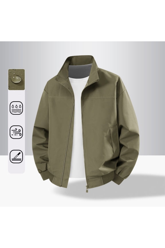 Windproof Full Zip Outerwear Jacket for Men Lightweight Water Resistant Casual Stand Collar with Zipper Side Pockets Outdoor Coat