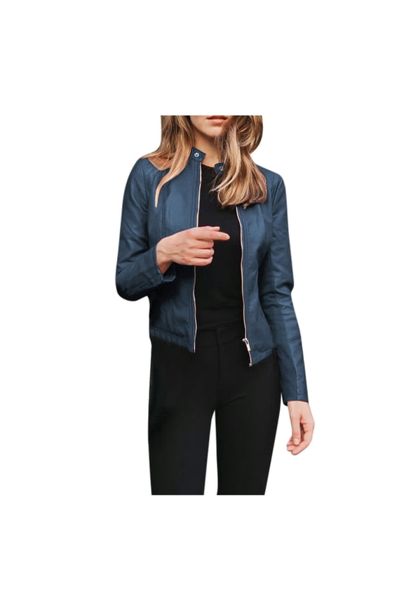Women Faux Leather Ladies Lapel Motor Jacket Coat Zip Biker Punk Cropped Tops, Light blue, XL