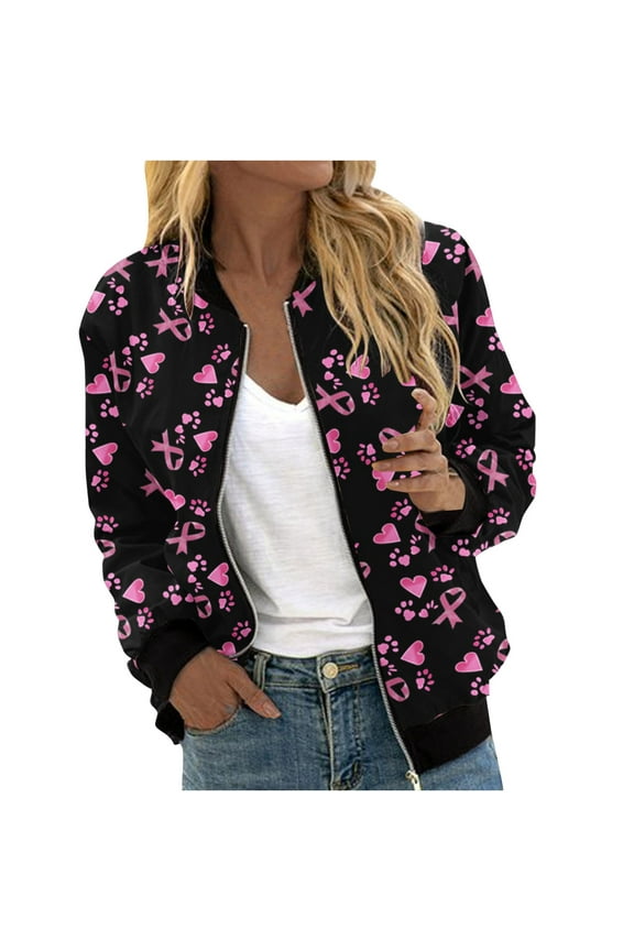 Women's Zip Up Bomber Jacket Breast Cancer Casual Printed Coat Stand Collar Lightweight Short Outwear Tops