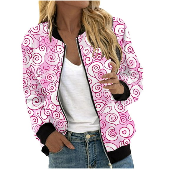 Kalauyu Women's Zip Up Bomber Jacket Breast Cancer Casual Printed Coat Stand Collar Lightweight Short Outwear Tops