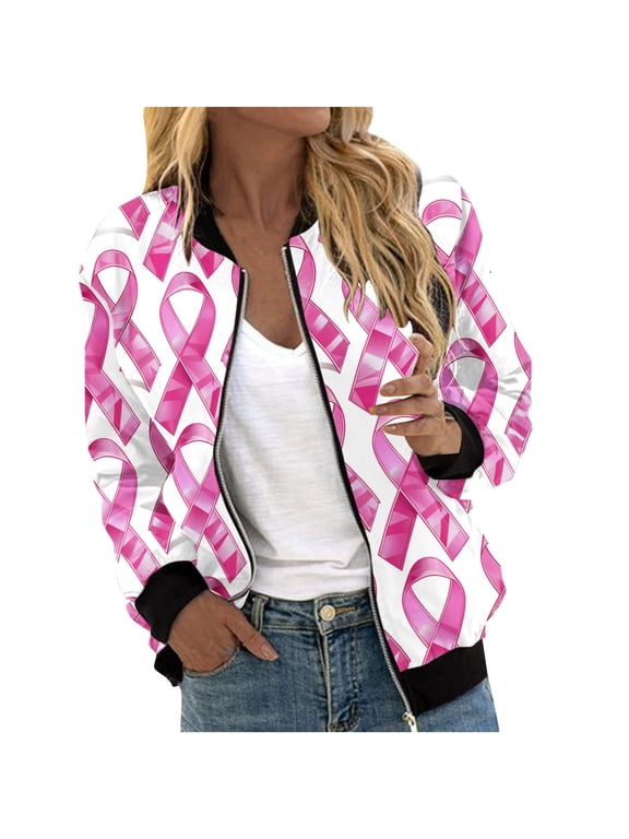 Women's Zip Up Bomber Jacket Breast Cancer Casual Printed Coat Stand Collar Lightweight Short Outwear Tops