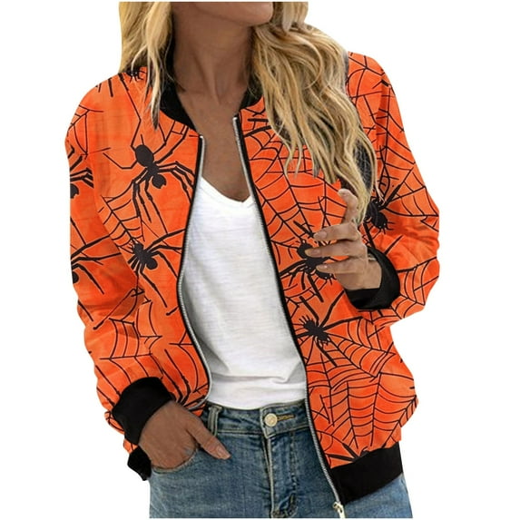 Kalauyu Women's Zip Up Bomber Jacket Breast Cancer Casual Printed Coat Stand Collar Lightweight Short Outwear Tops