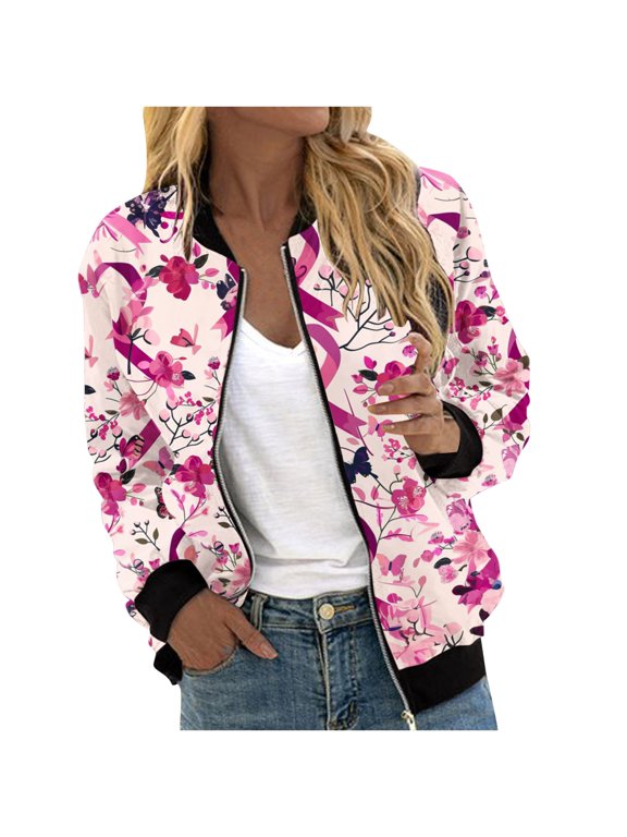 Women's Zip Up Bomber Jacket Breast Cancer Casual Printed Coat Stand Collar Lightweight Short Outwear Tops