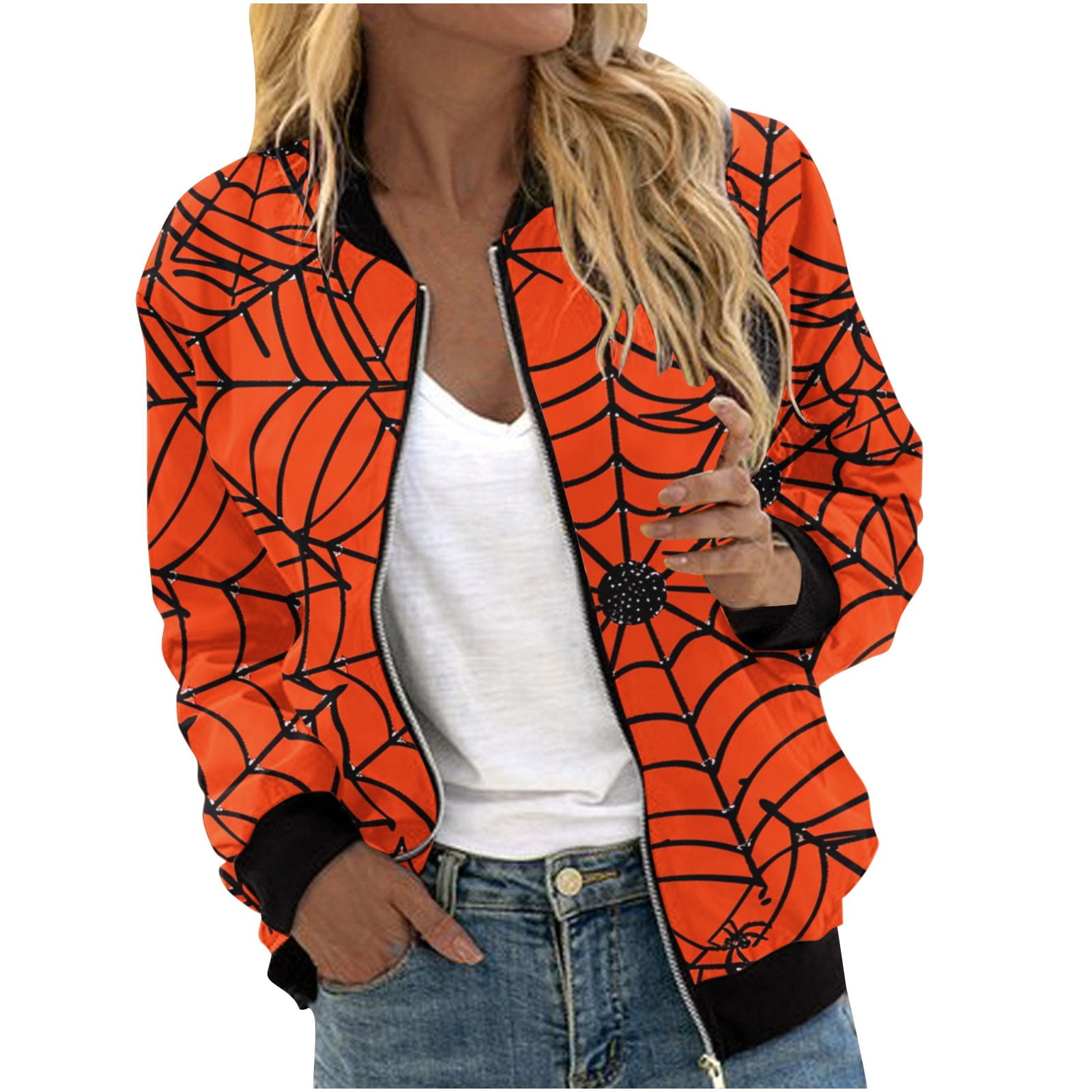 Kalauyu Women's Zip Up Bomber Jacket Breast Cancer Casual Printed Coat