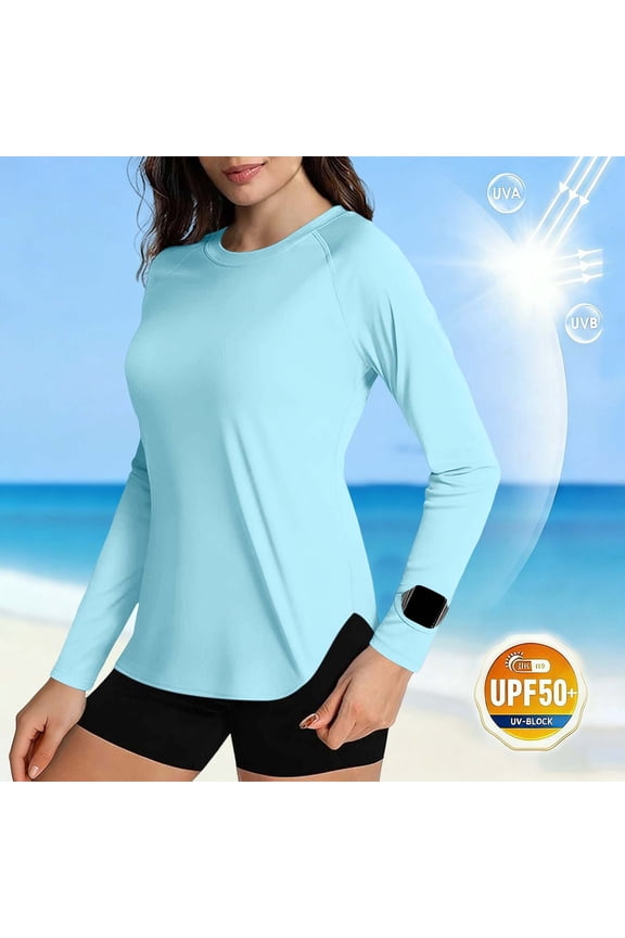 Womens Round Neck Long Sleeve Rash Guard, Curved Hem UPF 50+ Sun Protection Lightweight Breathable Shirt Top