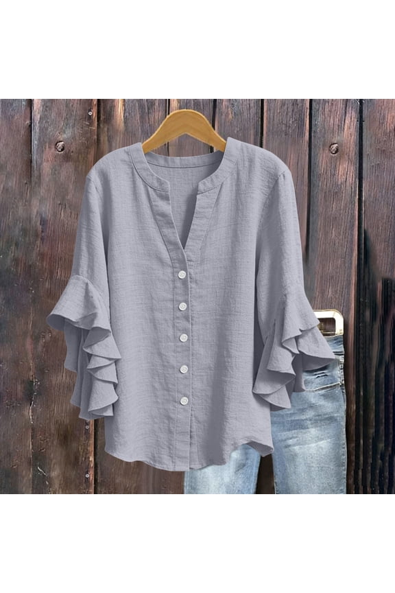 Womens V Neck Full Button Blouse, Layer Ruffle Flare 3/4 Sleeve Casual Shirt, Loose Fit Elegant Top with Ruffle Sleeve Top