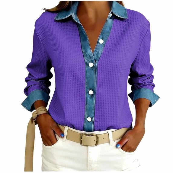 Kalauyu Womens Waffle Denim Long Sleeve Trim Button Down Shirt, Long Sleeve Roll Cuff Contrast Denim Casual Blouse Tops