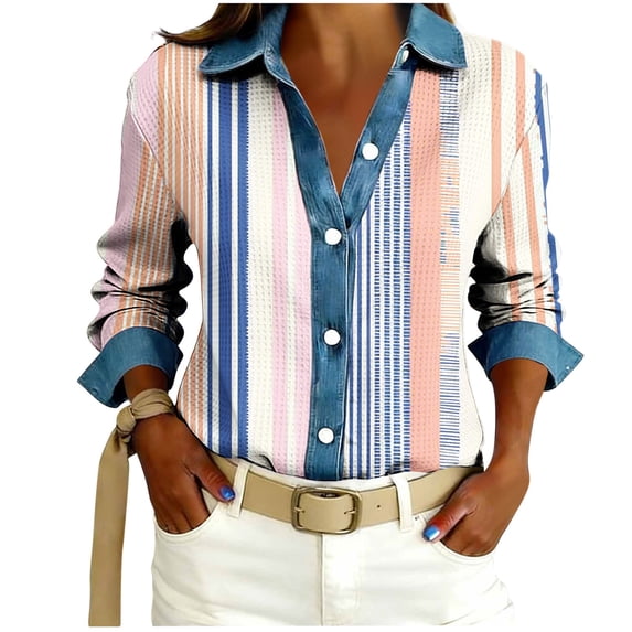 Kalauyu Womens Waffle Denim Print Long Sleeve Trim Button Down Shirt, Long Sleeve Roll Cuff Contrast Denim Casual Blouse Fashion Tops