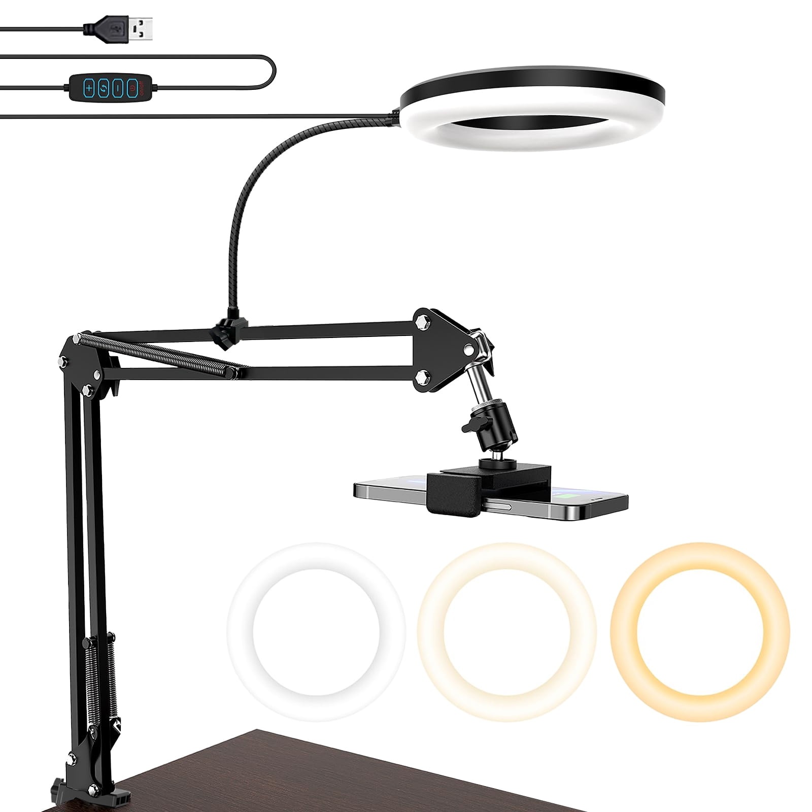 Kalcinty Camera Mount with Ring Light Overhead, 6" LED Ring Light, Flexible Articulating Arm Compatible with iPhone, Logitech Webcam, Computer Tripod for YouTube Live Stream Cooking Video Recording
