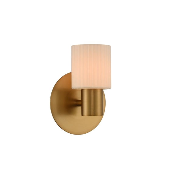 308431WB-Kalco Lighting-Harlowe - 6 Inch 3W 1 LED Bath Vanity Winter Brass Finish with Beige Fabric Shade