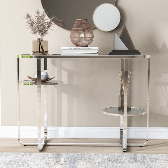 Kaldwell 2-Shelf Waterfall Glass Top Sofa Table, Chrome