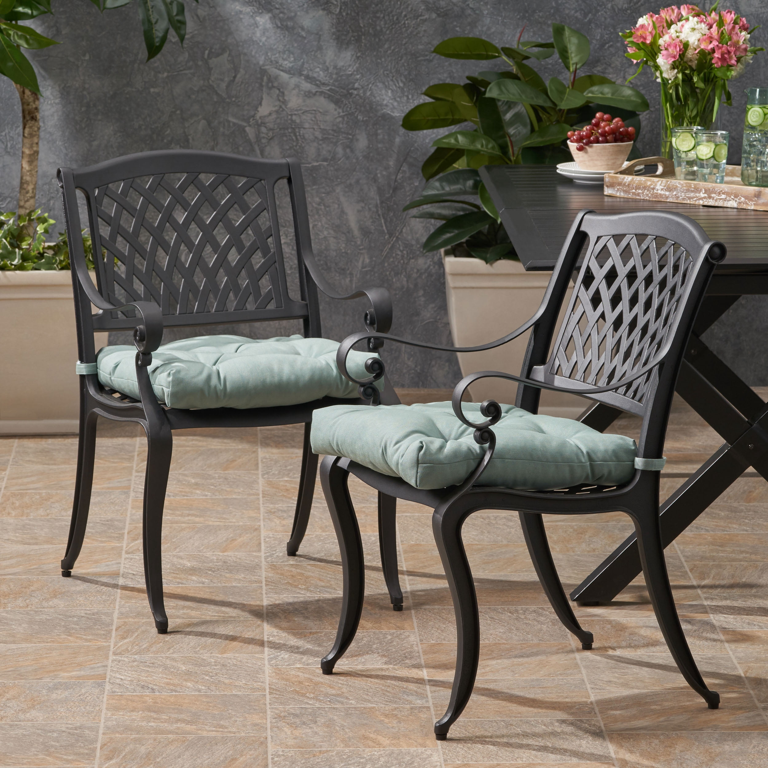 Kaleb Outdoor Cast Aluminum Dining Chair with Cushion, Set of 2, Antique Matte Black, Teal