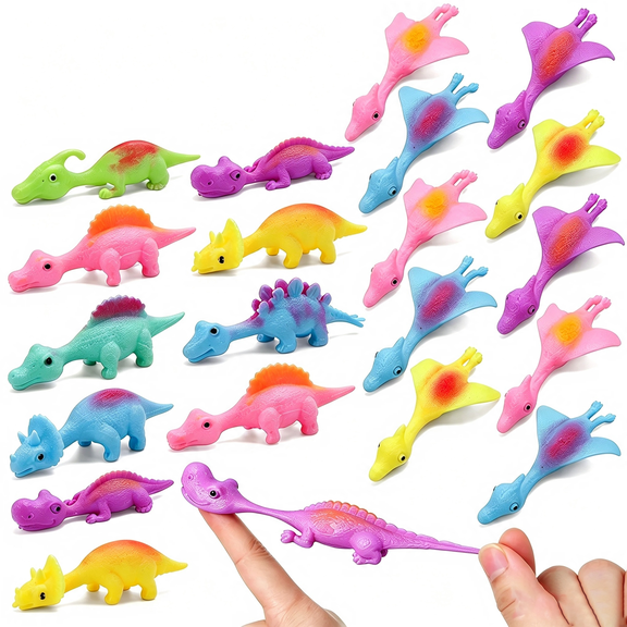 Kaleduo 20 Pcs Slingshot Dinosaur Finger Toys, Stretchy Rubber Flying Dino Fidget Toys, Kids Party Favors, Classroom Treasure Box Prizes, Novelty Gag Gifts for Boys Girls