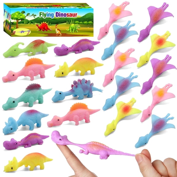 Kaleduo 20 Pcs Slingshot Dinosaur Finger Toys, Stretchy Rubber Flying Dino Fidget Toys, Kids Party Favors, Classroom Treasure Box Prizes, Novelty Gag Gifts for Boys Girls