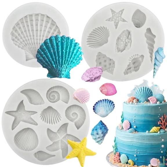 Kaleduo 3-Pack Marine Theme Silicone Mold Set, Seashell Conch Starfish Coral Molds for Cake Fondant, Chocolate, Candy & Clay