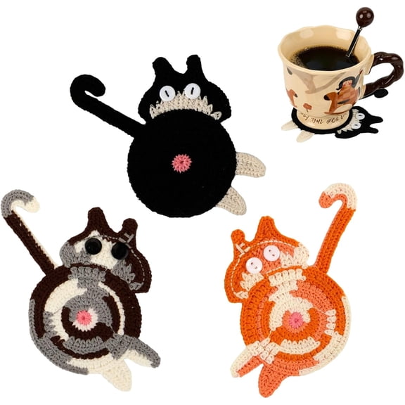 Kaleduo Handmade Woven Cat Drink Coasters (3-Pack), Creative Cat Lover Coasters for Desk Accessories, Home Decor & Tabletop Protection, Funny Gag Gifts
