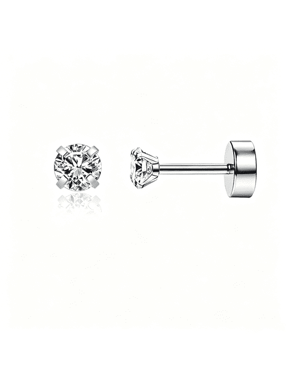 Hypoallergenic 316L Stainless Steel Screw Flat Back Stud Earrings, 5A Sparkle CZ Cartilage Earrings, Secure Screw-On Back Piercing Jewelry for Sensitive Ears,3mm Silver