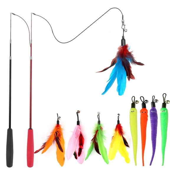 Kaleduo Interactive Retractable Wand Toy Set, 2 Wands + 9 Feather Refills, Fishing Pole Toy for Indoor Kitten Exercise