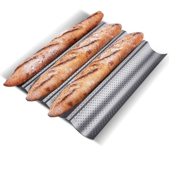 Kaleduo Nonstick Baguette Pans for French Bread Baking, Perforated 4 Loaves Baguettes Bakery Tray, 15" x 13", Silver