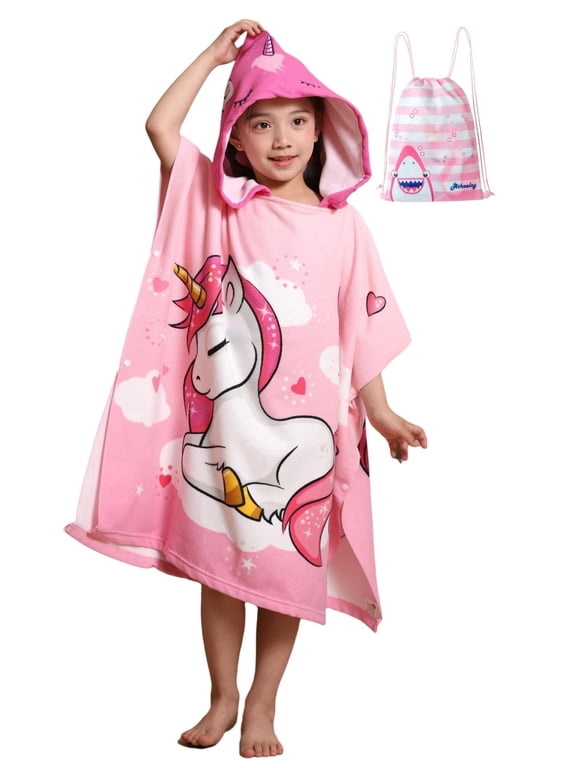 Pink Unicorn Hooded Bath Towel for Kids 3 4 5 6 7 8 Years, Soft Toddler Swim Cover-Up Beach Poncho Towel