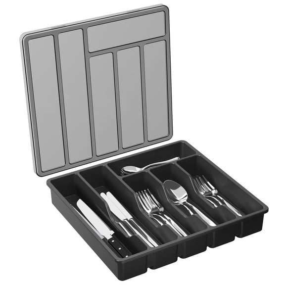 Kaleduo Silverware Organizer with Lid, Covered Utensil Tray for Kitchen Drawer and Countertop, Plastic Cutlery and Flatware Storage Box for Spoons Forks Knives Holder Case, 12.6x11.8", Black