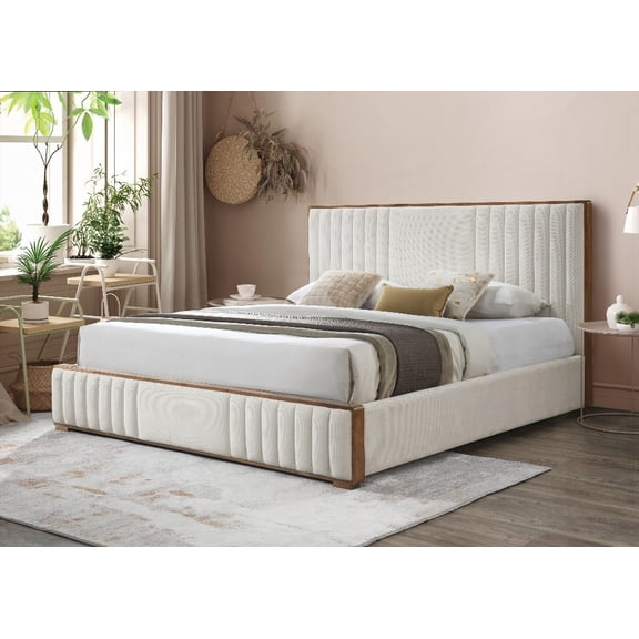 Kaleea Beige Chenille Queen Bed with Walnut Finish | Durable & Elegant