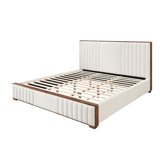 Kaleea Beige Chenille & Walnut Finish EK Bed