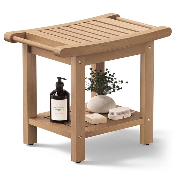 Kaleemen Shower Bench for Inside Shower with Handles, Waterproof Shower Stool with Storage Shelf & Anti-Slip Feet, Teak Color