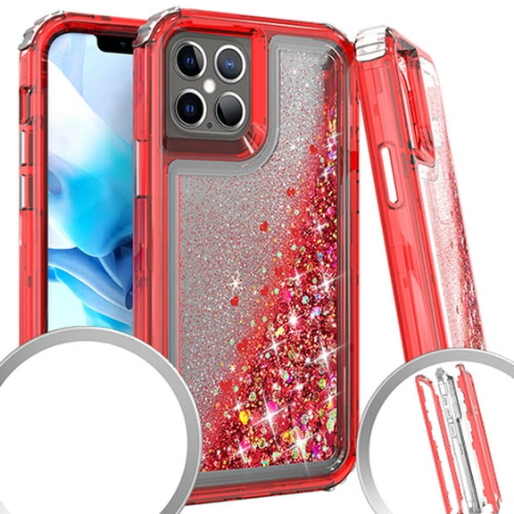 Kaleidio Case For iPhone 12 Pro Max (6.7") [Kleer Hybrid] 3-Piece Impact [Drop Protection] Shockproof See-Thru Cover [Red/Red Liquid Glitter]