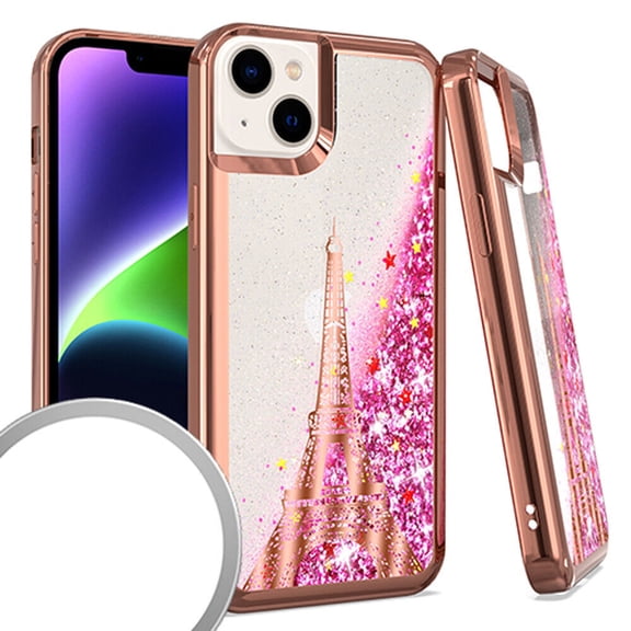 Kaleidio Case For iPhone 14 Plus (6.7") [Quicksand Glitter] TPU Gel Slim Hybrid Skin Cover [Liquid Rose Gold Paris Tower]
