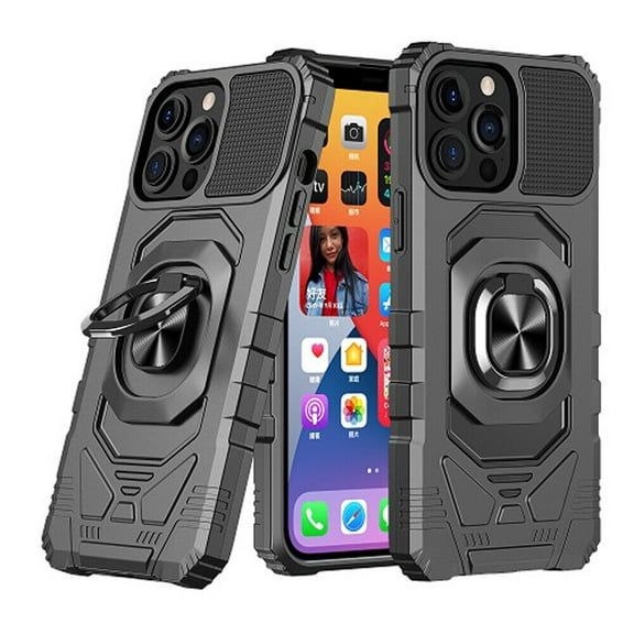 Kaleidio Case For iPhone 14 Pro Max (6.7") [Robotic Hybrid] Rugged Shockproof [Ring Stand] Magnetic Armor Impact Cover [Black/Black]