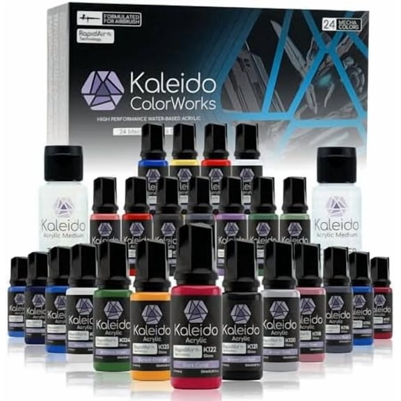 Kaleido Mecha 24-Color Set  Water-Based Acrylic Airbrush Paint Kit for Scale Models, Gundam, Gunpla,Mecha,Cars & Miniatures  Pre-Thinned, High Gloss, Fast-Drying, with Thinner & Cleaner