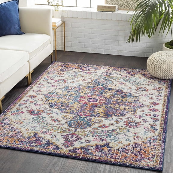 Kaleidoscope Area Rug - Medallion Floral Distressed Border Abstract - Traditional Oriental Boho Transitional Turkish - Beige, Mustard, Medium Gray, Blue, Cream - 3'11" x 5'7"