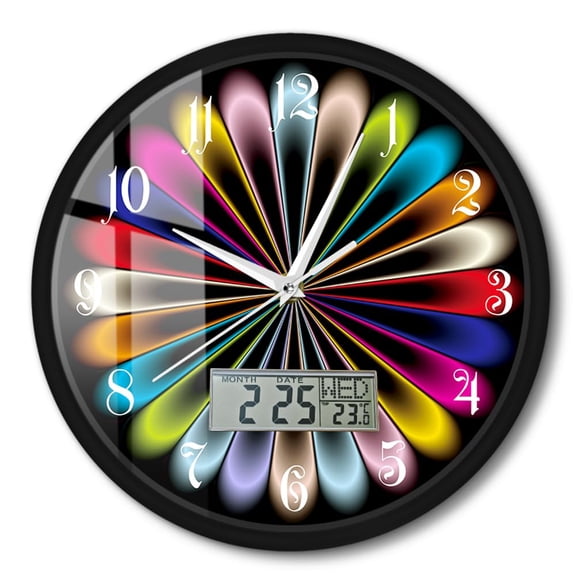 Kaleidoscope Color Changes 12'' Metal Frame Wall Clock with Perpetual Calendar Temperature Display