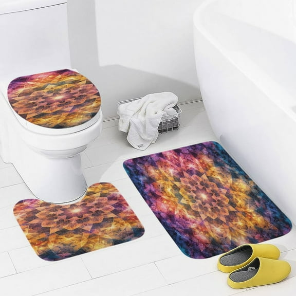 Kaleidoscope Mandala Colorful Floral Boho 3 Pieces Bath Mats Set, Non-Slip Washable Cover Floor Rug Decorations for Kitchen Bathroom Bedroom
