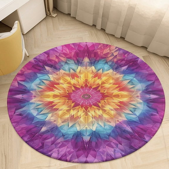 Kaleidoscope Mandala Colorful Floral Boho Floral Medallion Round Rug - Small Round Area Rug, Soft Non-Slip Machine Washable Bedroom Mat Indoor Accent Entry Carpet for Office Desk Dorm Hallway
