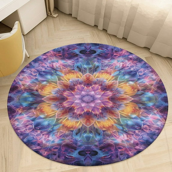 Kaleidoscope Mandala Colorful Floral Boho Round Rugs -Washable Non-Slip Small Round Area Rug Throw Soft Circle Rugs for Bedroom, Modern Print Indoor Carpet for Entryway Sofa Living Room