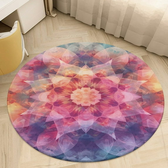 Kaleidoscope Mandala Colorful Floral Boho Round Small Area Rug, Print Non Slip Washable Floor Mat, Soft Throw Rug for Living Room, Powder Room Entryway, Bathroom, Bedside