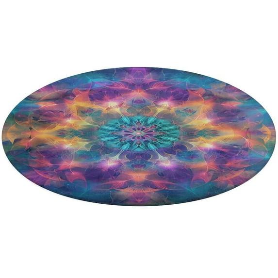 Kaleidoscope Mandala Colorful Floral Boho Soft Bedroom Round Area Rug, Washable Cute Nursery Circle Throw Mat, Non-Slip Contemporary Small Low Pile Floor Carpet for Dorm Bedside