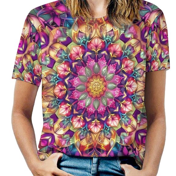 Kaleidoscope Mandala Colorful Floral Boho Women's Short Sleeve T-Shirt Crew Neck Casual Summer Trendy Loose Fit Tops