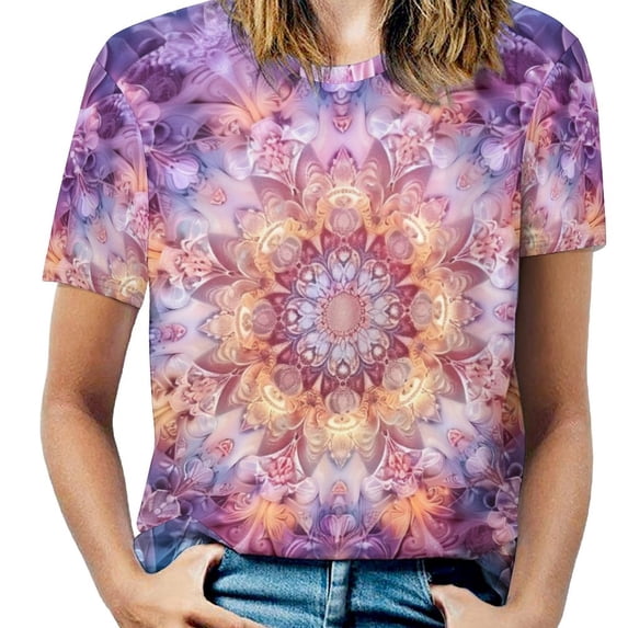 Kaleidoscope Mandala Colorful Floral Boho Women's Short Sleeve T-Shirt Crew Neck Casual Summer Trendy Loose Fit Tops
