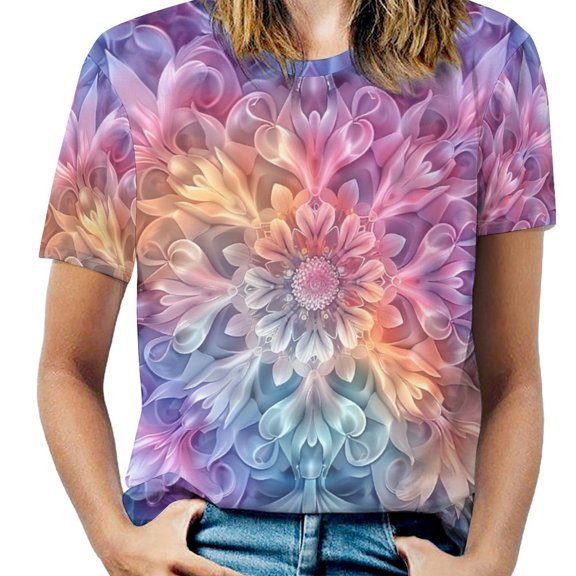 Kaleidoscope Mandala Colorful Floral Boho Womens Tops Women's Fashion Casual Short Sleeve Flower Print Round Neck Pullover Top Blouse