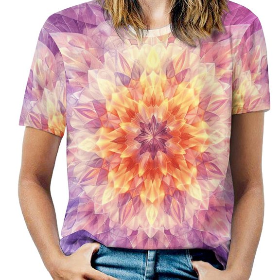 Kaleidoscope Mandala Colorful Floral Boho Womens Tops Women's Fashion Casual Short Sleeve Flower Print Round Neck Pullover Top Blouse