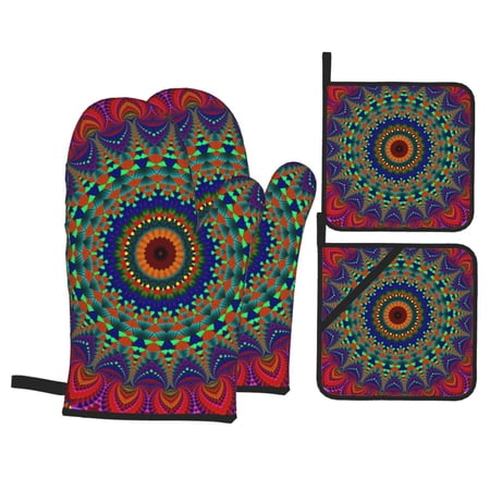 Kaleidoscope Mandala Pattern Oven Mitts And Pot Holders Sets Baking Sets For Kitchen Bbq Gloves Heat Resistant Cooking Kaleidograph Mosaic 4 Pcs