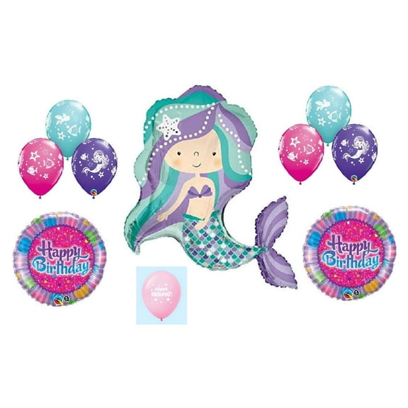Kaleidoscope Mermaid Birthday Party Pool Beach Party 10 Piece Mylar and Latex Balloons Set