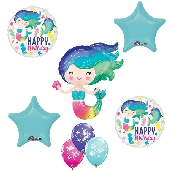 Kaleidoscope Mermaid Narwhal Seahorse Birthday Party Pool Beach Party 8 Piece Mylar and Latex Balloons Set