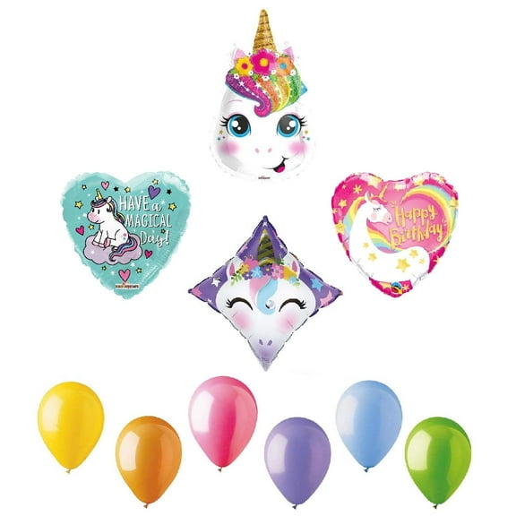 Kaleidoscope Unicorn Colorful Magical 10 Piece Happy Birthday Party Mylar Balloons Set E