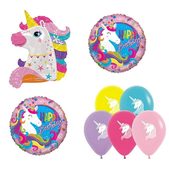 Kaleidoscope Unicorn Pastel Colored Rainbow Hearts Stars Princess 8 Piece Happy Birthday Party Foil Mylar Balloons