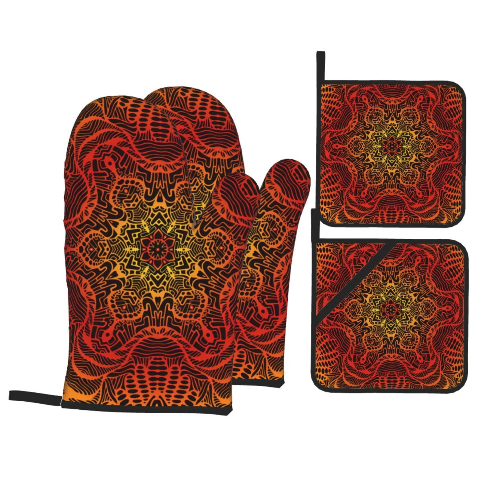 Kaleidoscope Vintage Psychedelic Trippy 4Pcs Oven Mitts and Pot Holders Sets Oven Kitchen Gloves Hot Pads for Cooking BBQ Baking Grilling